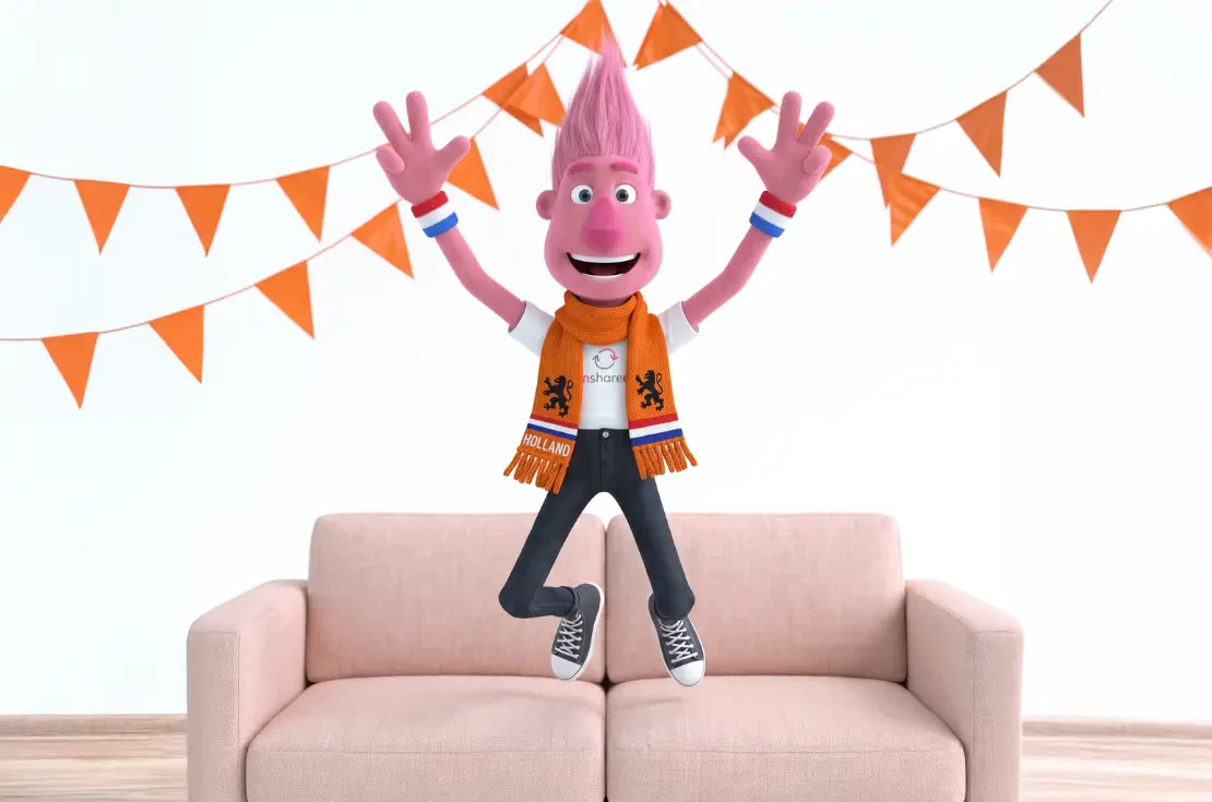 Juichende puppet op bank met oranje slingers