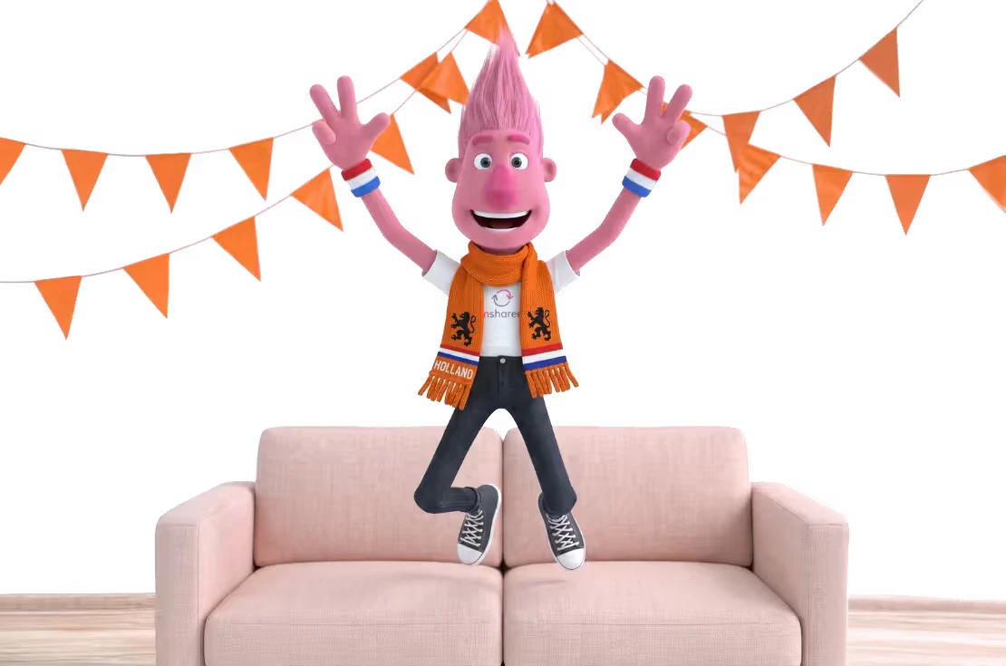 Juichende puppet op bank met oranje slingers